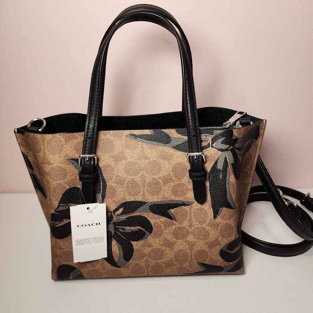 Coach Brown Signature Floral Print Tote with Black Trim - Picture 2 of 7